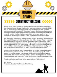 Friends of the MPL 2025 annual letter on construction zone letterhead. Highlights the two major renovation projects, totaling $1.2M, that the Friends group has supported in the last year.